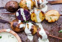 Grilled Red White and Blue Potato Skewers with Creamy Plant Based Ranch