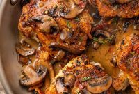 Creamy Whole30 Thyme Chicken Thighs with Savory Bacon and Mushrooms