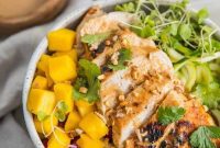 Whole30 Paleo Low Carb Thai Chicken Zoodle Bowl with Mock Peanut Sauce