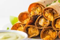 Whole Wheat Cheesy Chicken Taquitos with Creamy Avocado Salsa