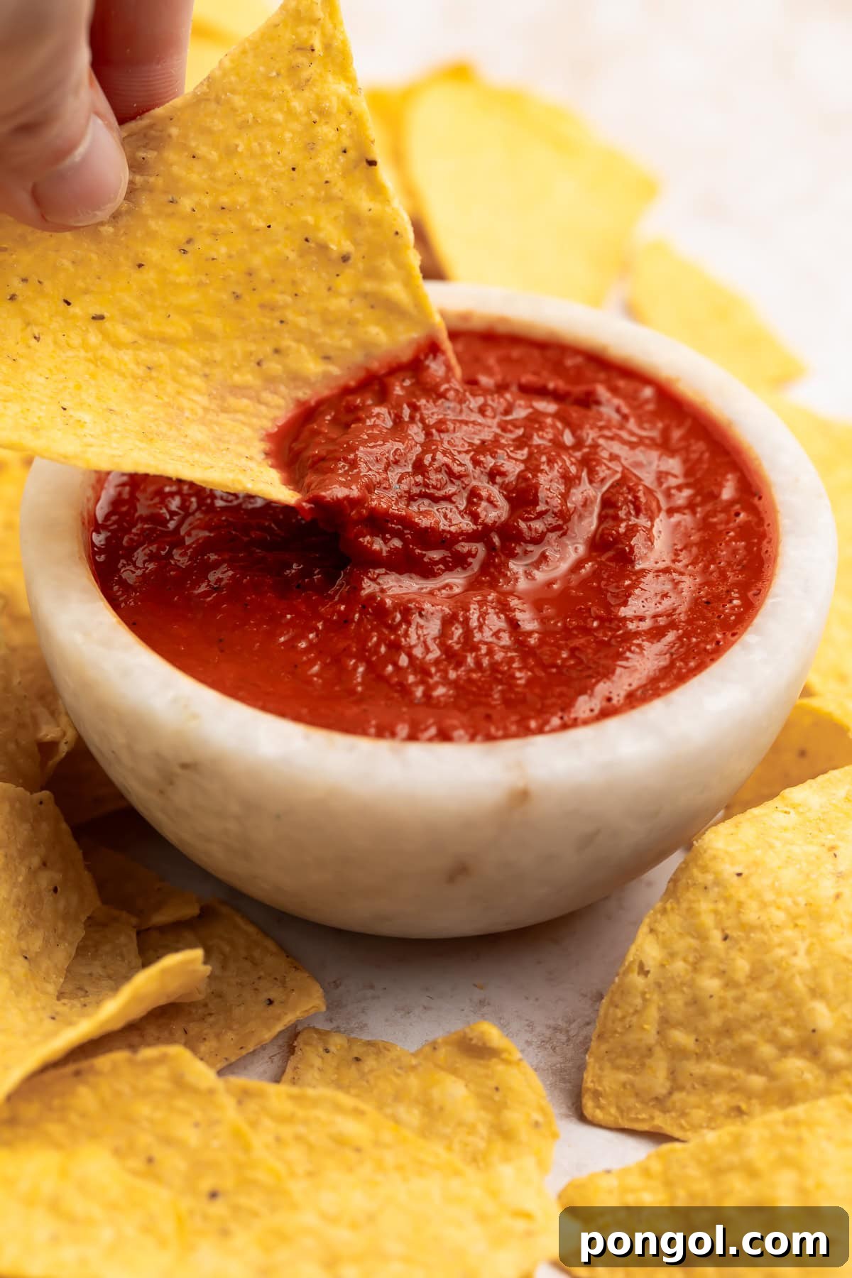 A hand holding a yellow corn tortilla scooping vibrant red guajillo salsa from a rustic bowl, surrounded by more chips.