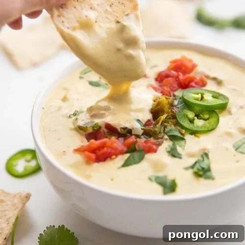 Hand dipping a tortilla chip into a bowl of vegan queso topped with tomatoes and jalapenos