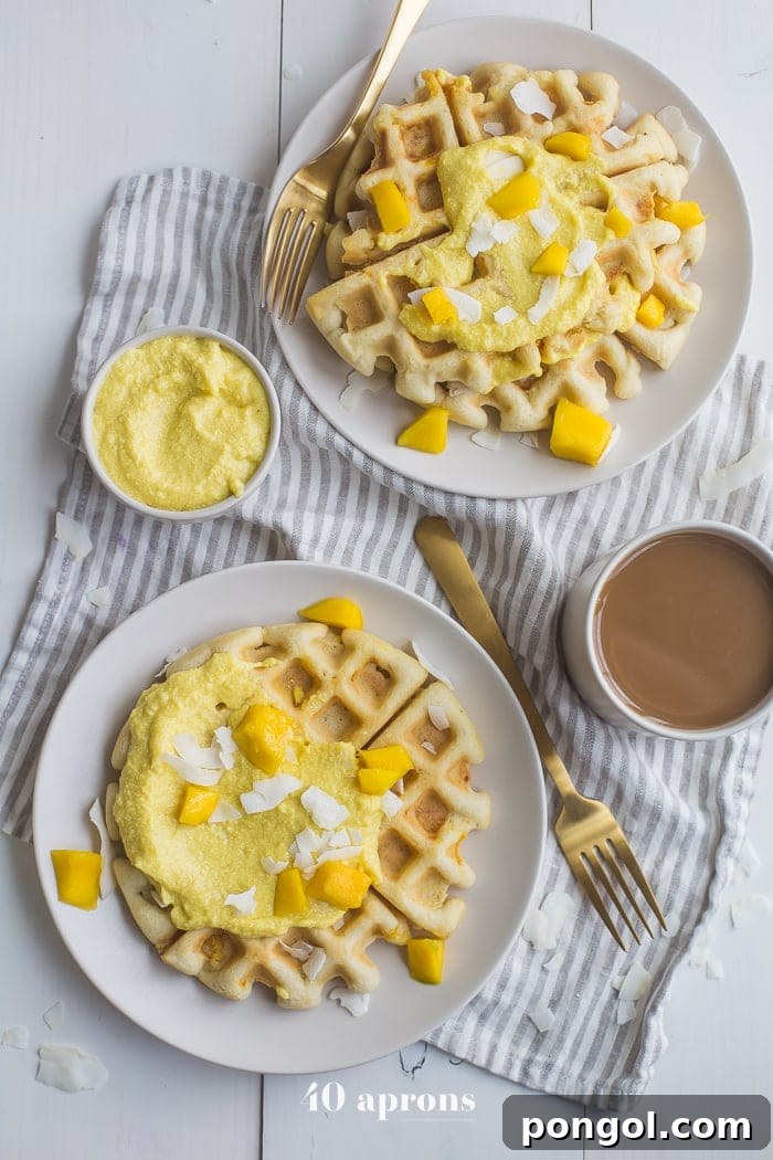 Best Paleo Waffles with Sweet Mango Cream: tender, light, and flavorful. A healthy, energizing breakfast perfect for spring and summer.