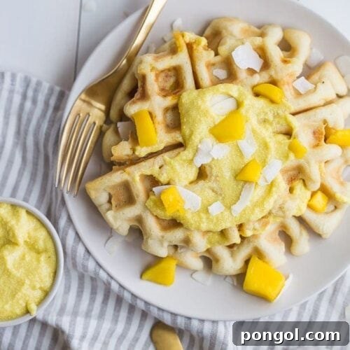 These paleo coconut waffles with sweet mango cream are tender and light, sweet and flavorful. Topped with a sweet mango cream made from healthy, real ingredients, this dish will become your favorite paleo breakfast recipe! And if you're asking me, this is the best paleo waffle recipe - the texture is light and fluffy, but you'll feel energized instead of sluggish after a stack. Perfect for spring and summer!