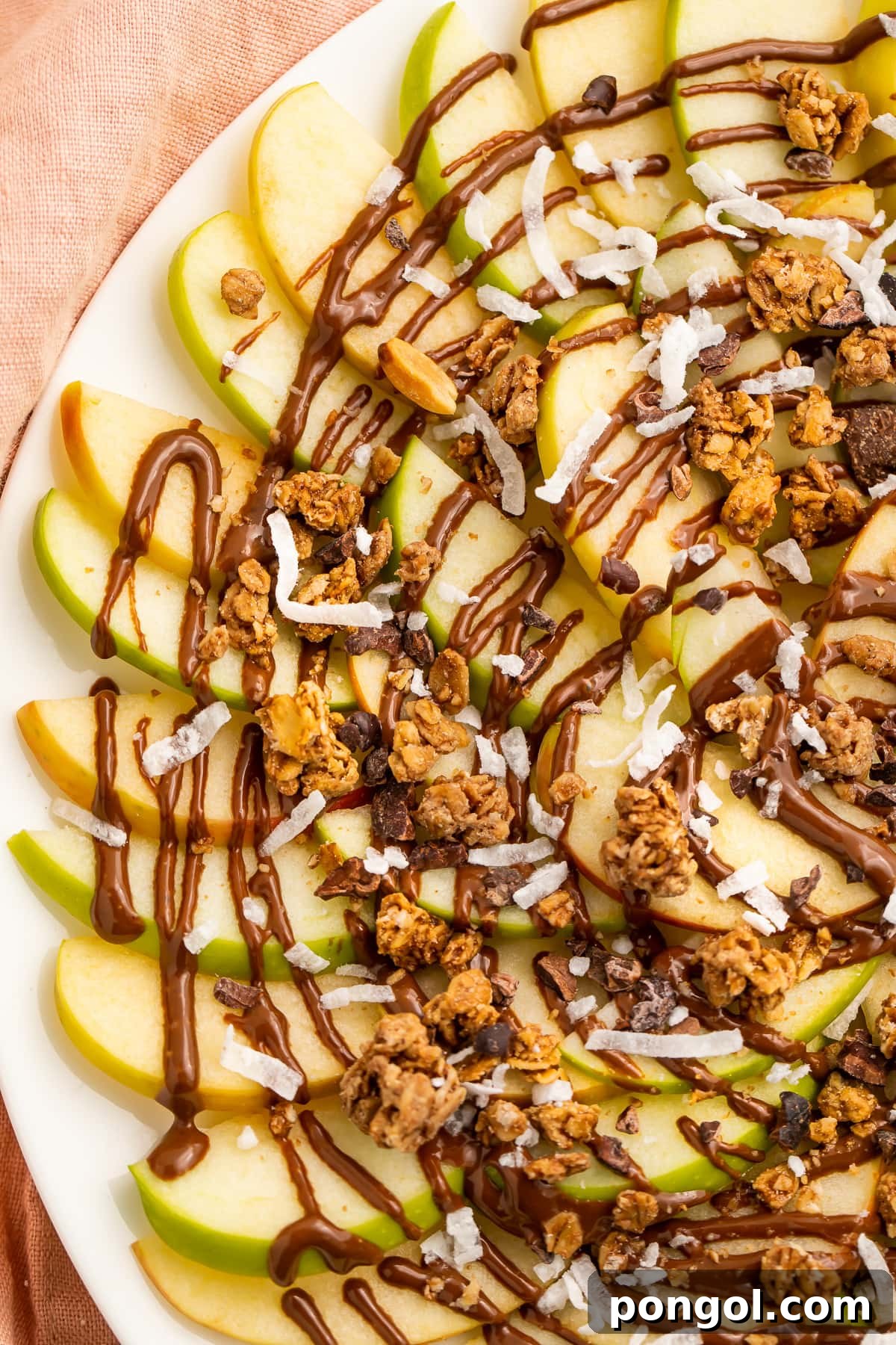 Smart Apple Stacks 2 Overhead, top-down look at a vibrant plate of green and red apple slices, artfully arranged and generously topped with swirling patterns of rich chocolate syrup and crunchy granola pieces. It's an inviting, colorful snack.