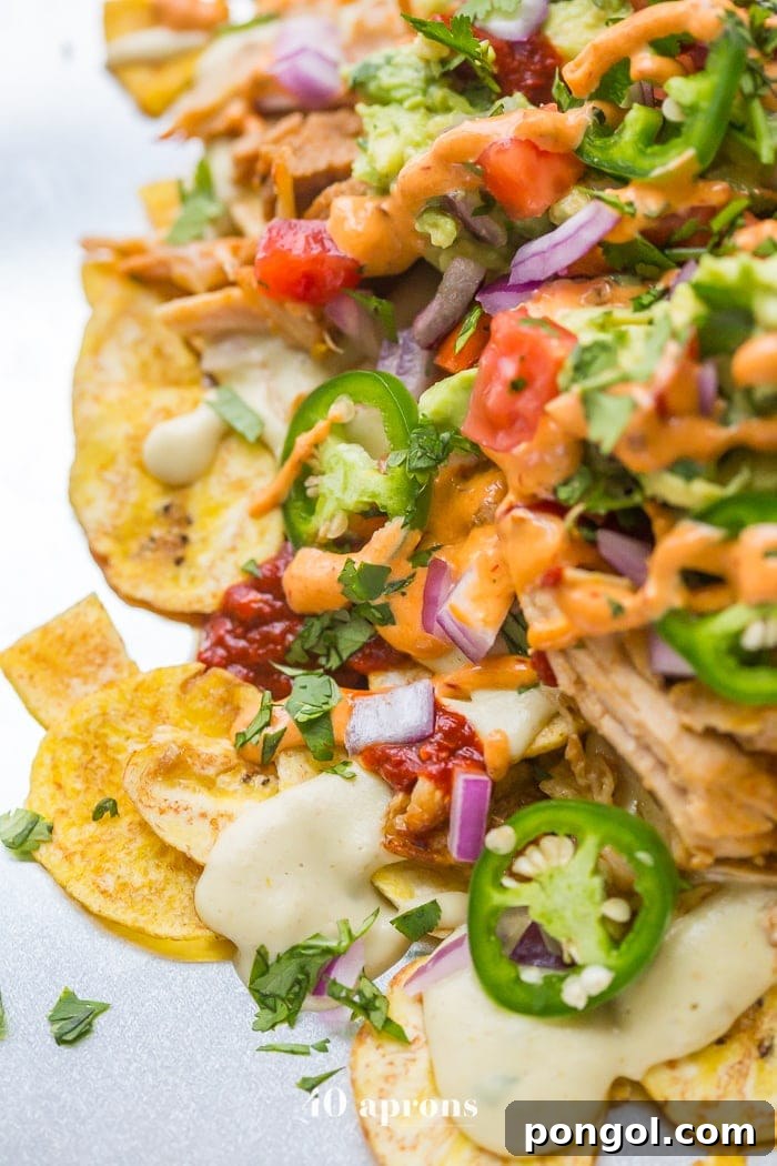 A vibrant close-up of epic paleo nachos, featuring a generous topping of tender carnitas, creamy paleo queso, fresh guacamole, and pico de gallo on crispy plantain chips.