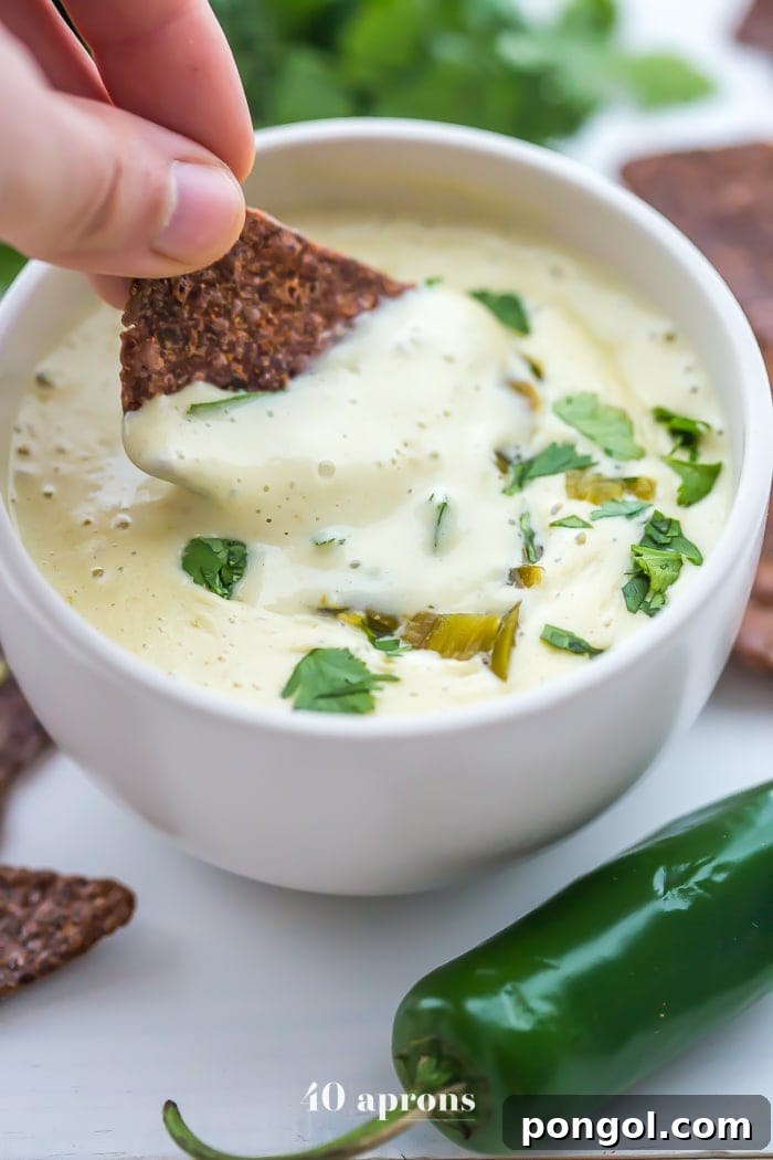 A bowl of creamy, yellow vegan queso, garnished with fresh cilantro and a sliced jalapeño, representing the best paleo queso blanco.