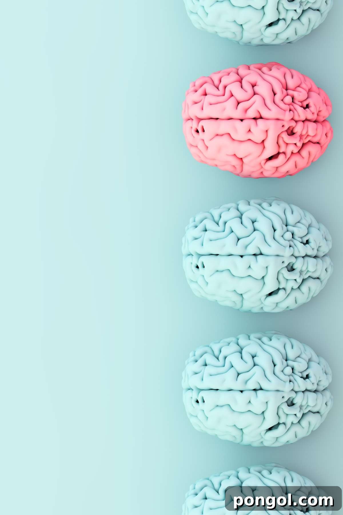 4 blue brains and 1 pink brain against a light blue background.