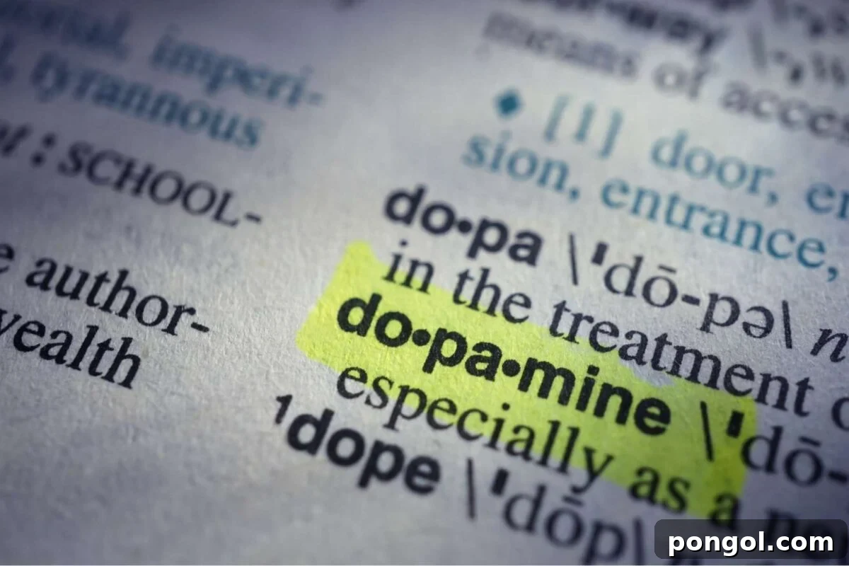 The word "dopamine" highlighted in neon yellow in the dictionary.