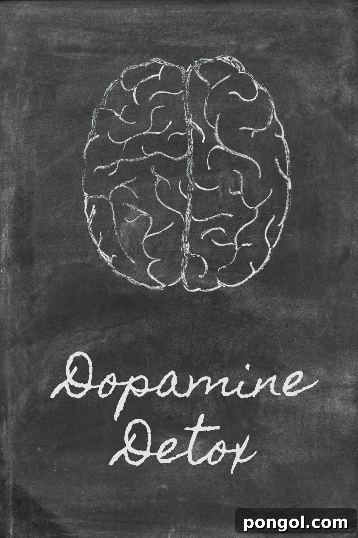 A line drawing of a brain on a chalkboard with the words "dopamine detox" written in chalk beneath it.