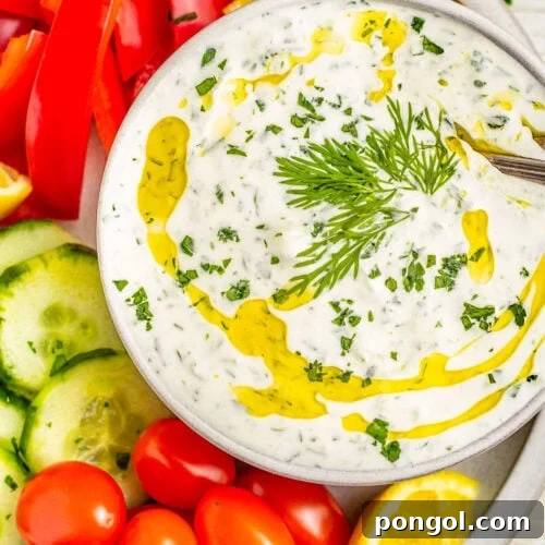 A bowl of creamy Whole30 tzatziki dotted with green fresh herbs and topped with a drizzle of olive oil, surrounded by cucumber slices, grape tomatoes, and bell pepper slices.