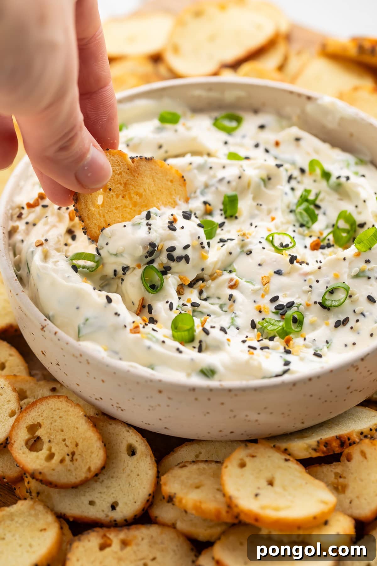 A white woman's hand dipping a bagel chip into a bowl of Everything Bagel dip surrounded by other bagel chips.
