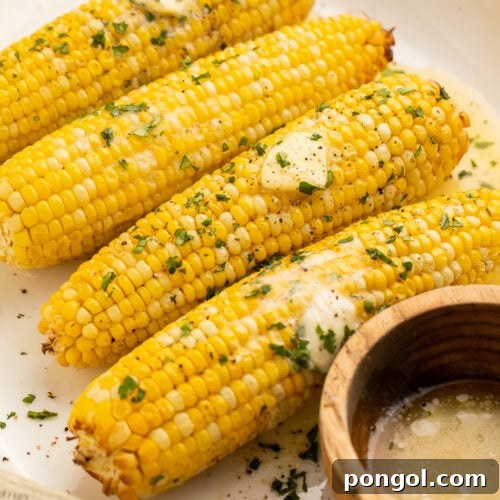 A close-up of 4 ears of air fryer corn on the cob topped with pats of butter and fresh parsley to garnish.