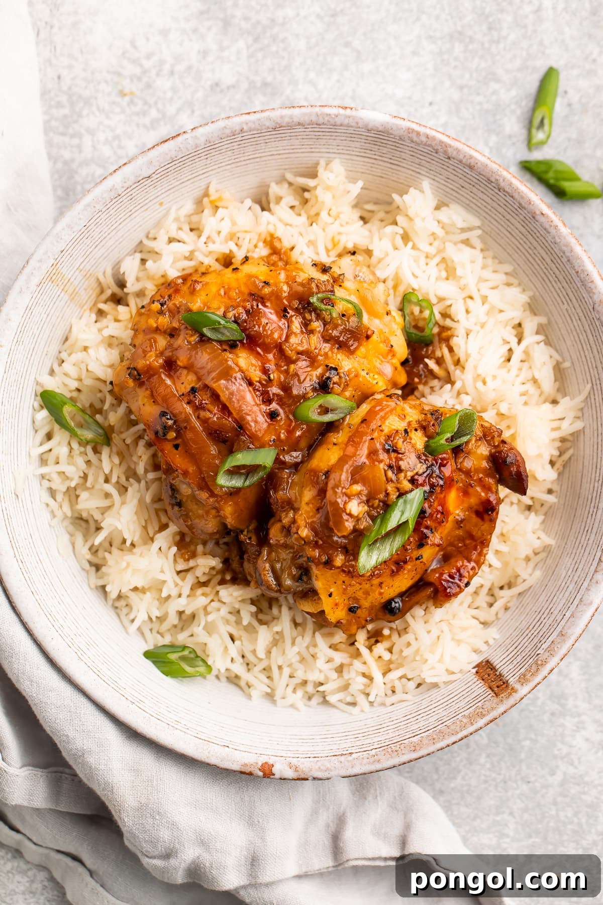 Instant Pot chicken adobo plated on a bed of rice in a large shallow bowl on a neutral table.