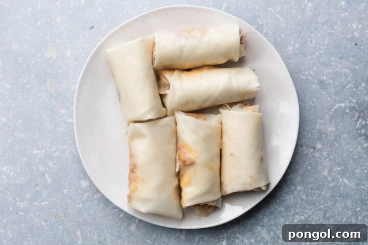 Fully wrapped, but not yet air fried, pork egg rolls in a large white plate.