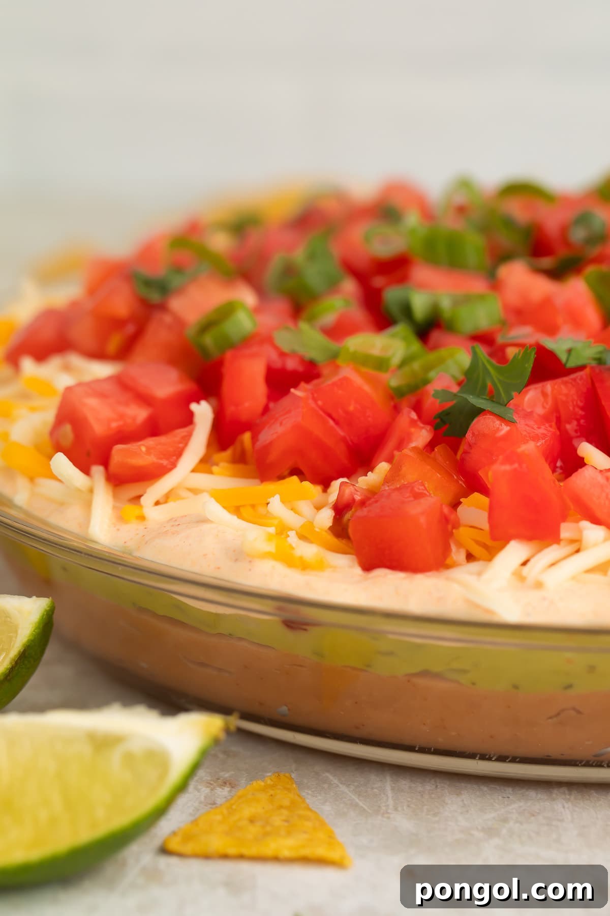 Side view of a shallow glass bowl of a Mexican 5 layer dip with beans, guac, sour cream, shredded cheese, and tomatoes.