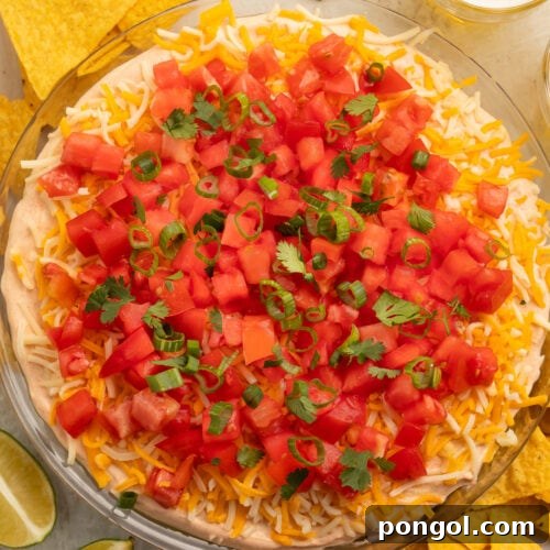 Top-down, overhead view of a 5 layer dip topped with gorgeous bright red tomatoes.