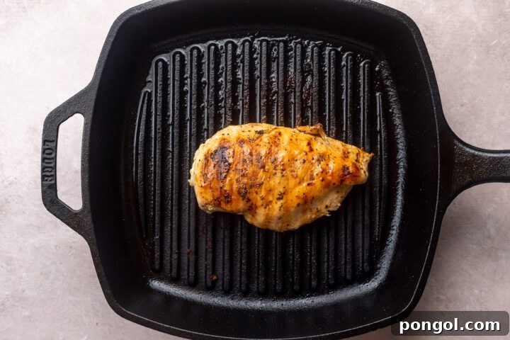 Grilled, seasoned chicken breast on a large grill pan.