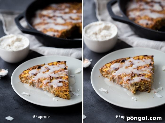 Paleo Carrot Cake Breakfast Bake with Dairy-Free Cream Cheese Glaze 5 A serving of Carrot Cake Paleo Breakfast Bake on a plate, garnished with more paleo cream cheese glaze.