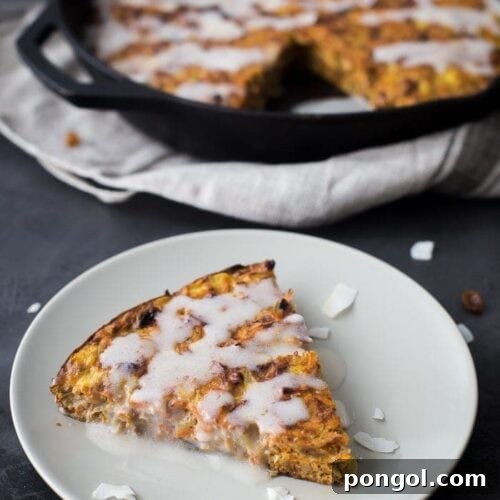 Paleo Carrot Cake Breakfast Bake with Dairy-Free Cream Cheese Glaze 6 This carrot cake paleo breakfast bake is like eating carrot cake for breakfast! With pineapple, golden raisins, coconut, cinnamon, walnuts, and a paleo cream cheese glaze, this paleo breakfast bake is easy but delicious. Destined to become a regular on your paleo breakfast bake roster!