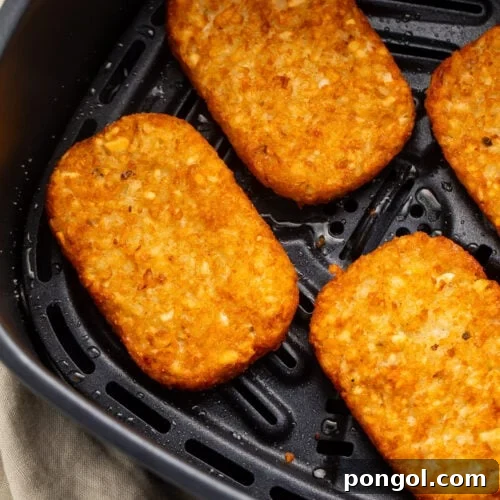 Four frozen hash brown patties in an air fryer basket, cooked until golden and crispy.