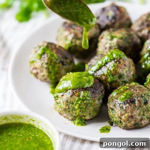 Whole30 chimichurri meatballs, perfectly cooked and ready to serve