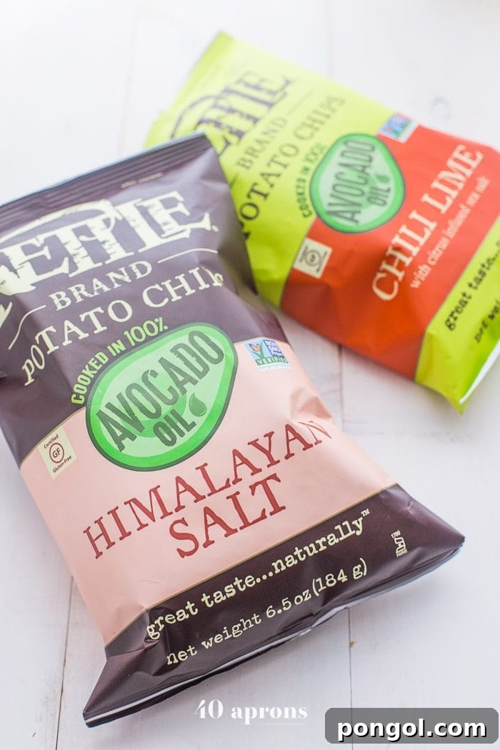 Close-up of a Kettle Brand Avocado Oil Himalayan Salt Potato Chips bag.