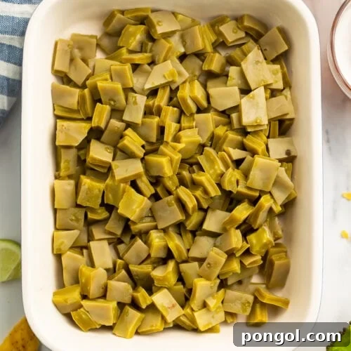 Top-down photo of a casserole dish filled with diced nopales.