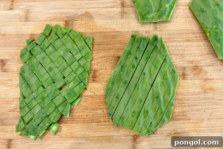 Nopales paddles sliced into strips and cubes.