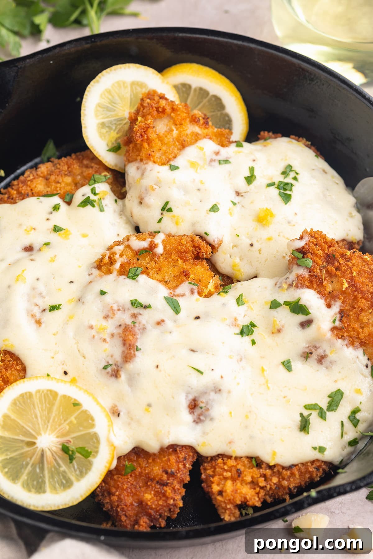 Close-up of cheesy Chicken Romano in a large cast-iron skillet, glistening with creamy sauce.