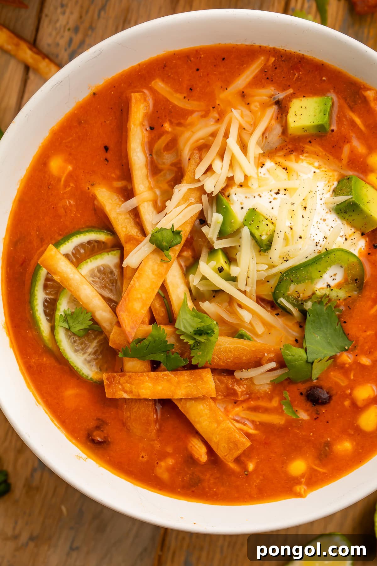 Close-up photo of a large white bowl holding deep red chicken tortilla soup, made in an Instant Pot, topped with tortilla strips, cheese, avocado, and cilantro.