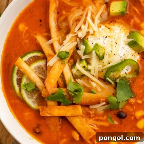 Close-up photo of a large white bowl holding deep red chicken tortilla soup, made in an Instant Pot, topped with tortilla strips, cheese, avocado, and cilantro.