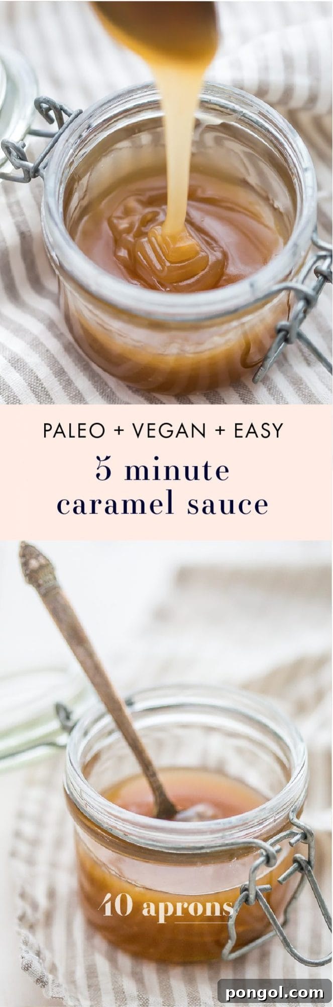 Beautifully styled jar of healthy 5-minute paleo vegan caramel sauce on a rustic background
