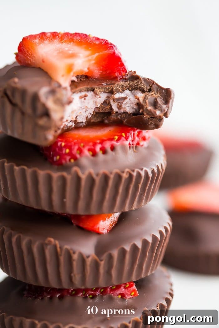 Close-up of a Paleo Chocolate Strawberry Coconut Butter Cup, showcasing its delicious layers