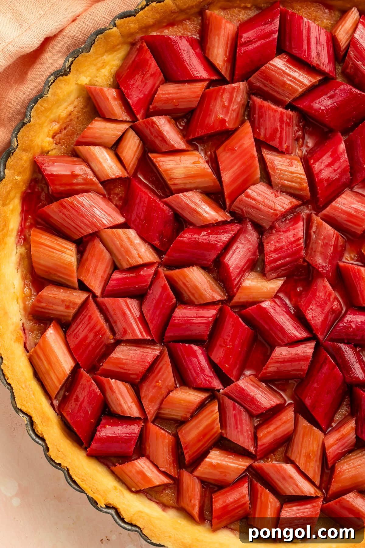 Close-up of a homemade rhubarb tart with frangipane filling and glazed rhubarb topping on a rustic wooden surface