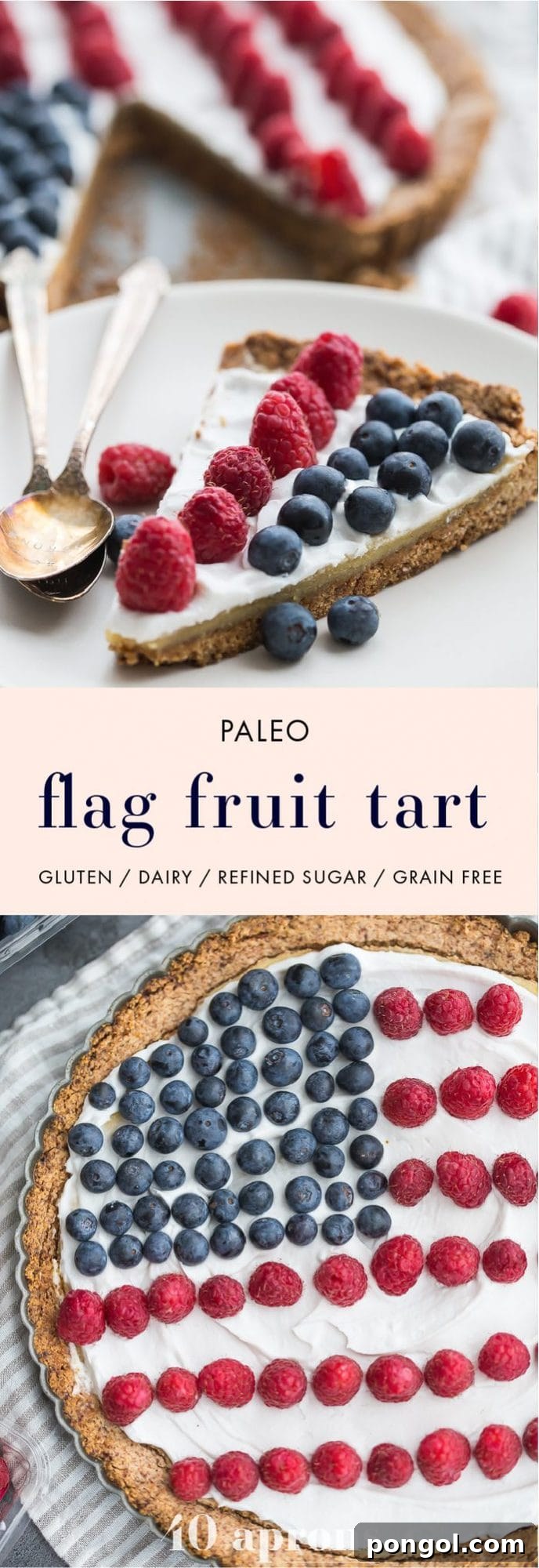 A stunning side view of the Paleo Flag Fruit Tart, showcasing the intricate layers and fresh berry topping, making it an ideal healthy dessert for the 4th of July.