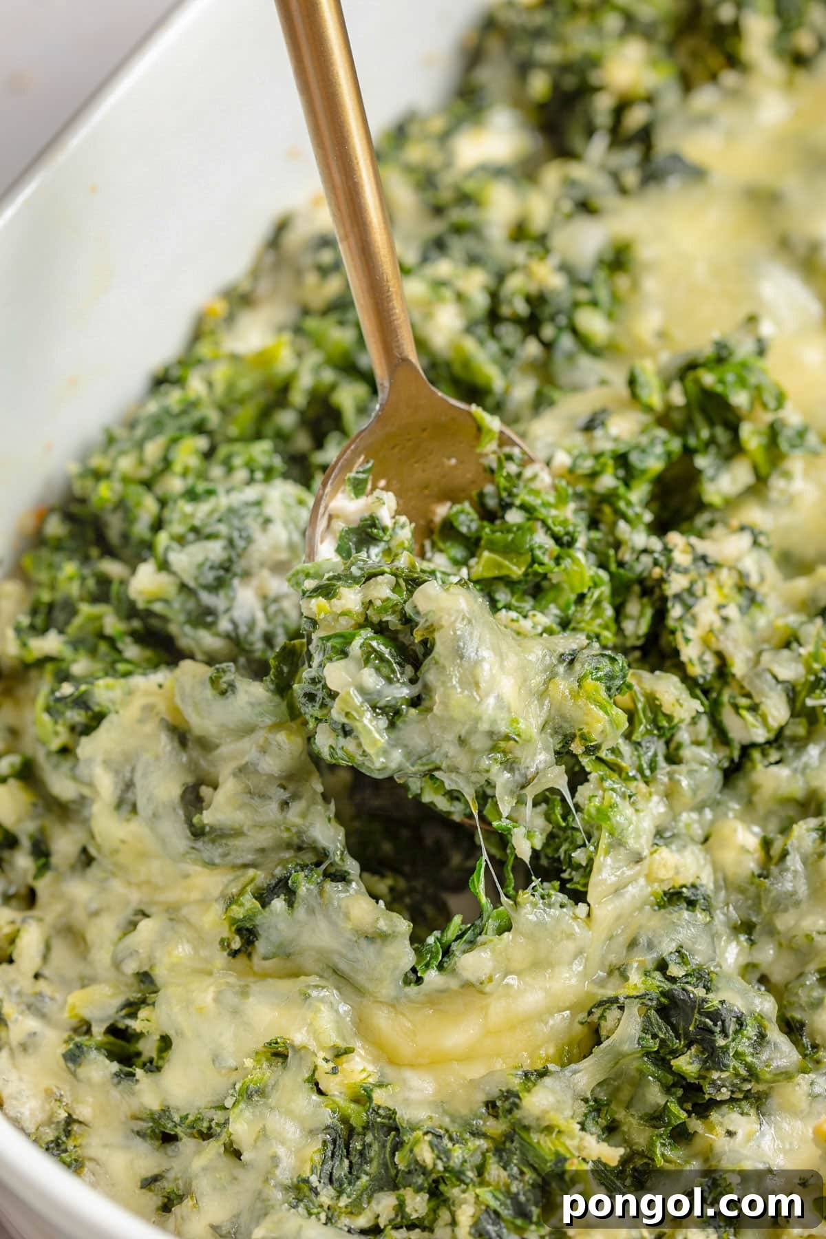 30 Festive Casseroles Your Holiday Table Needs 14 Cheesy parmesan spinach casserole being scooped out of a casserole dish with a gold spoon.