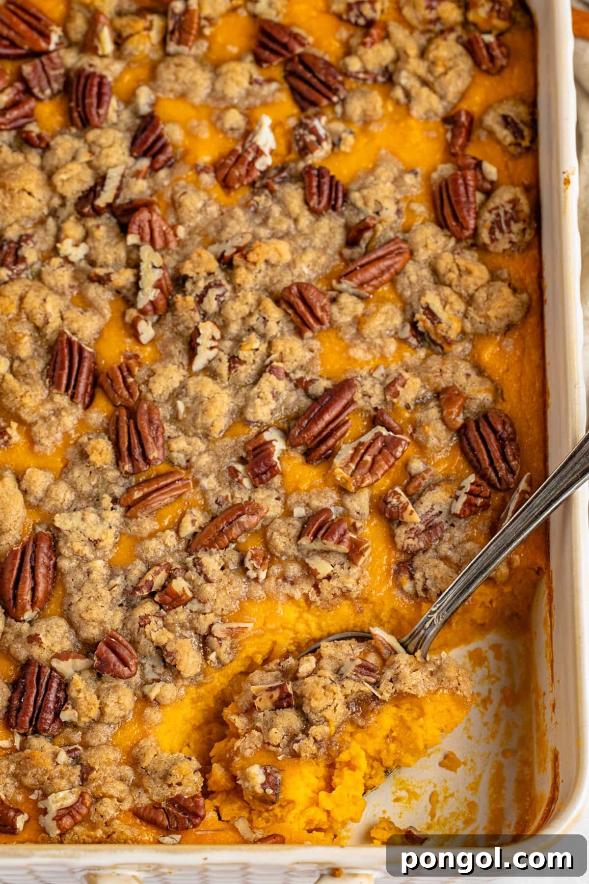 30 Festive Casseroles Your Holiday Table Needs 32 A large pan holding sweet potato pudding topped with pecans with a spoonful of pudding taken out of the pan.