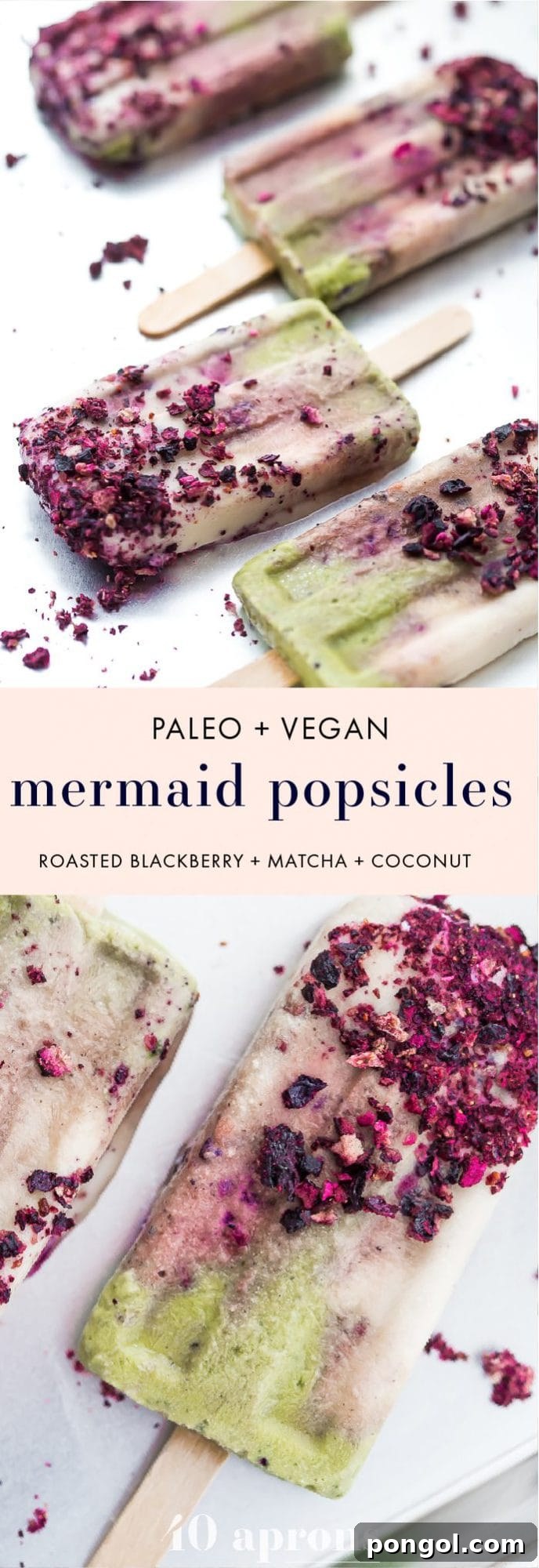 Mermaid popsicle dipped in freeze-dried blueberries, showing off its beautiful pastel layers.