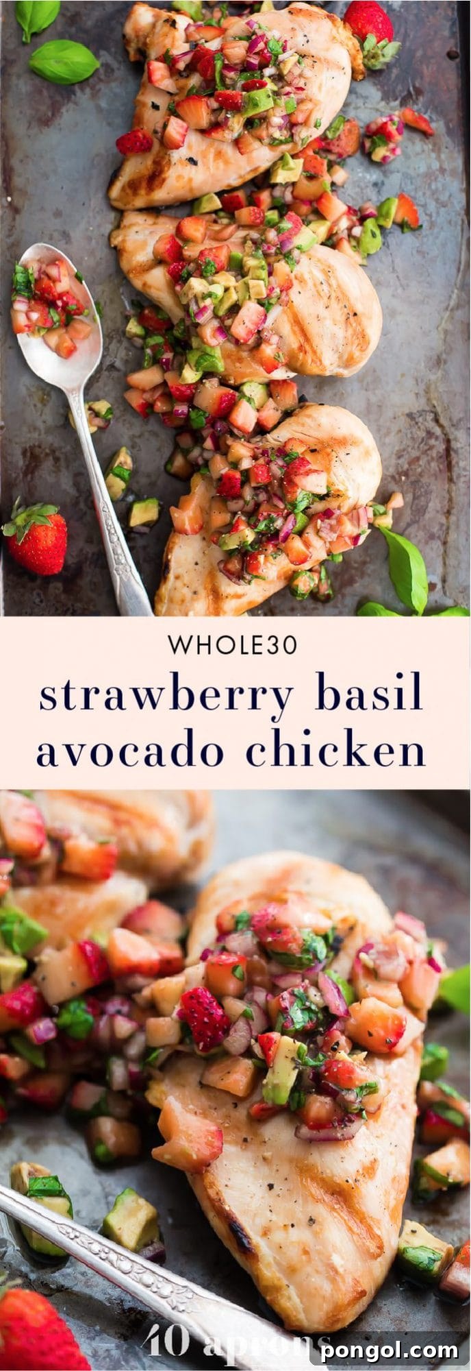 A vibrant and healthy Whole30 strawberry basil grilled chicken with avocado salsa served on a platter