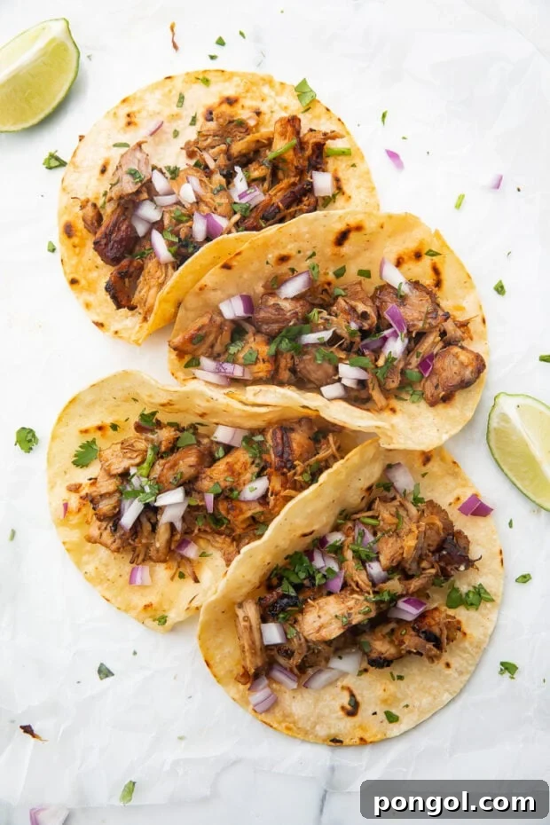 Close-up of a serving of Instant Pot carnitas in a tortilla, ready to eat