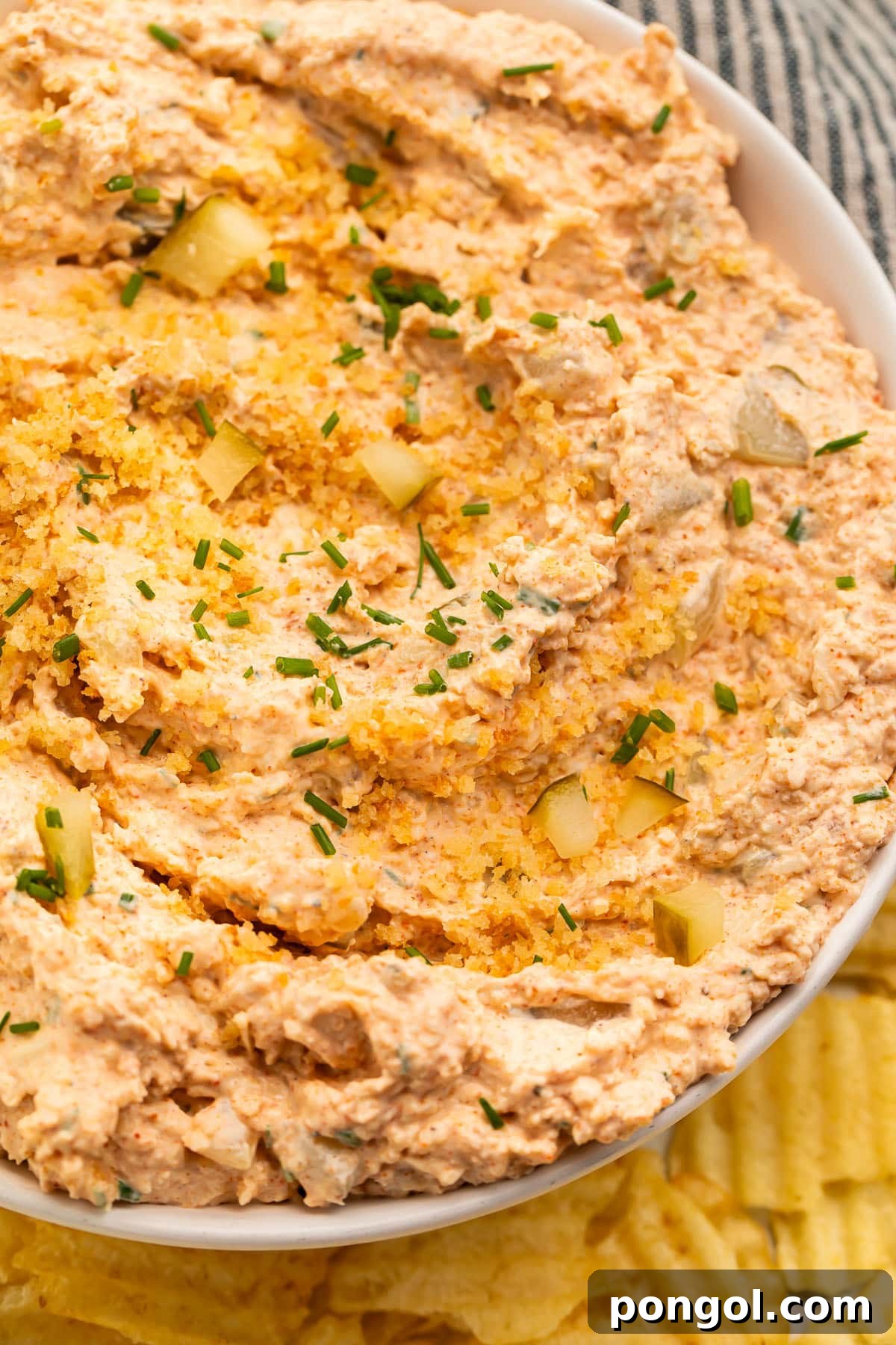 Kızarmış galeta unu ile süslenmiş ve patates cipsi ile çevrili büyük bir kase Nashville acı tavuk sosunun yakın çekimi.