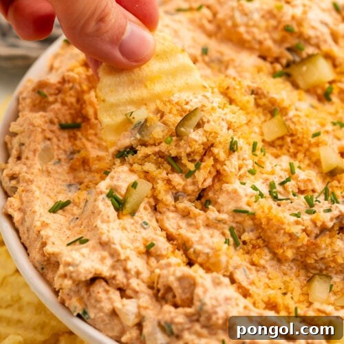 Bir kadının eli, büyük bir kaseden Nashville acı tavuk sosunu almak için tırtıklı bir patates cipsi tutuyor.