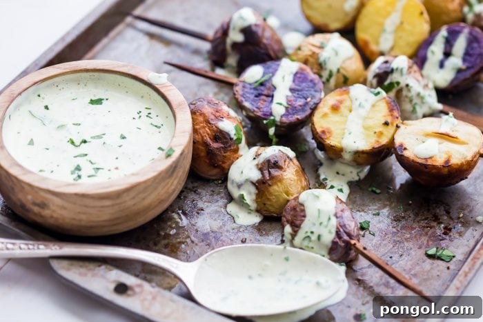 Another perspective of the grilled potato skewers, ready to be served.