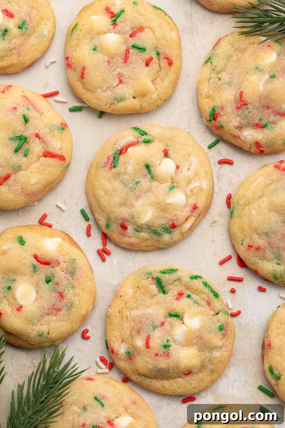 Festive Funfetti Cookies 2 Rows of festive Christmas confetti cookies adorned with red, white, and green sprinkles, resting on parchment paper. Sprigs of fresh rosemary are artfully placed at the corners, resembling miniature Christmas tree branches.