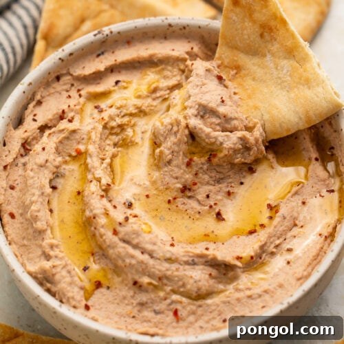 A crisp triangular pita chip carefully positioned in a bowl of creamy black eyed pea hummus, with a scoop of the dip resting perfectly on the chip, ready to be enjoyed.