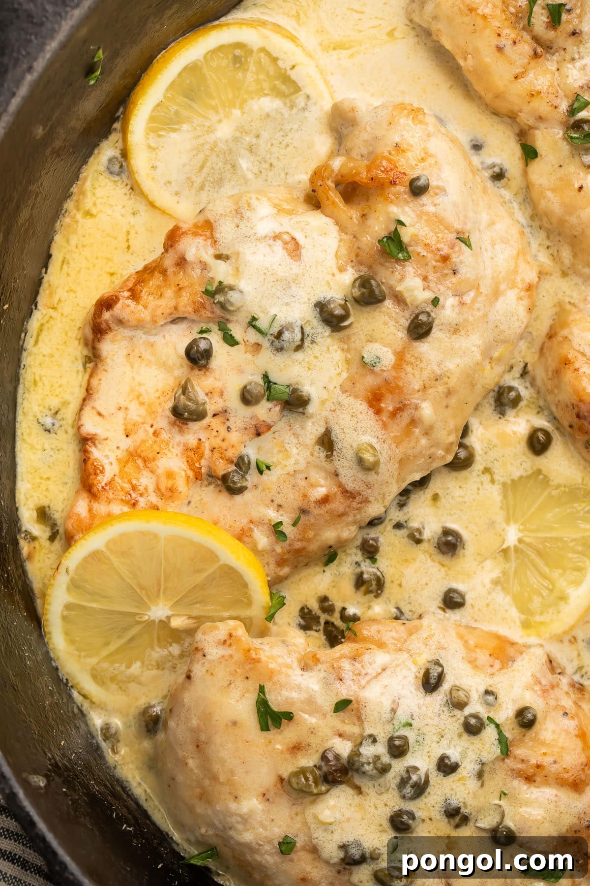 A cast-iron skillet holding creamy chicken piccata with lemon sauce and capers.