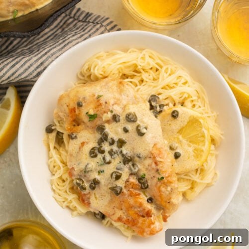 Creamy Chicken Piccata with pasta and capers.