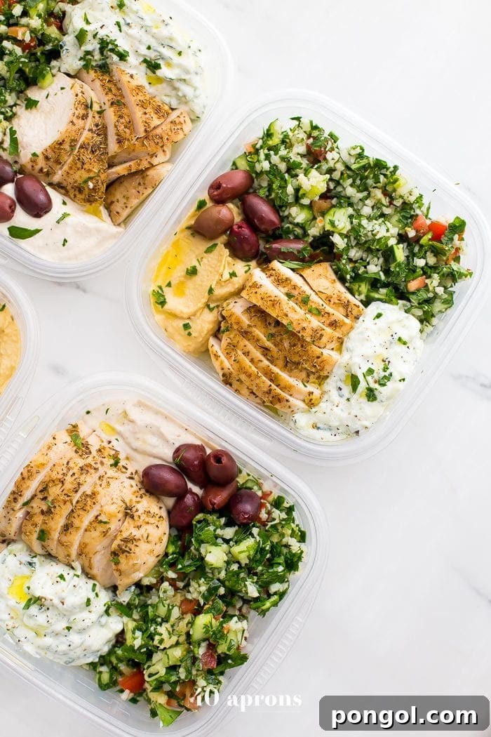 This Greek healthy meal prep recipe is epic: cauliflower rice tabbouleh, tender seasoned chicken breasts, hummus or baba ganoush, kalamata olives, and a rich, garlicky tzatziki. This healthy meal prep recipe will have you looking forward to lunch all morning! It's also a Whole30 meal prep recipe and paleo meal prep recipe, too, when you sub coconut cream or coconut yogurt for the yogurt. This is seriously SUCH a perfect healthy meal prep recipe.
