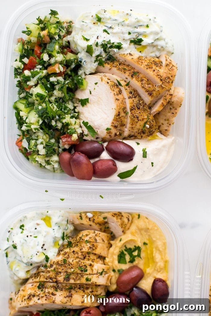 This Greek healthy meal prep recipe is epic: cauliflower rice tabbouleh, tender seasoned chicken breasts, hummus or baba ganoush, kalamata olives, and a rich, garlicky tzatziki. This healthy meal prep recipe will have you looking forward to lunch all morning! It's also a Whole30 meal prep recipe and paleo meal prep recipe, too, when you sub coconut cream or coconut yogurt for the yogurt. This is seriously SUCH a perfect healthy meal prep recipe.